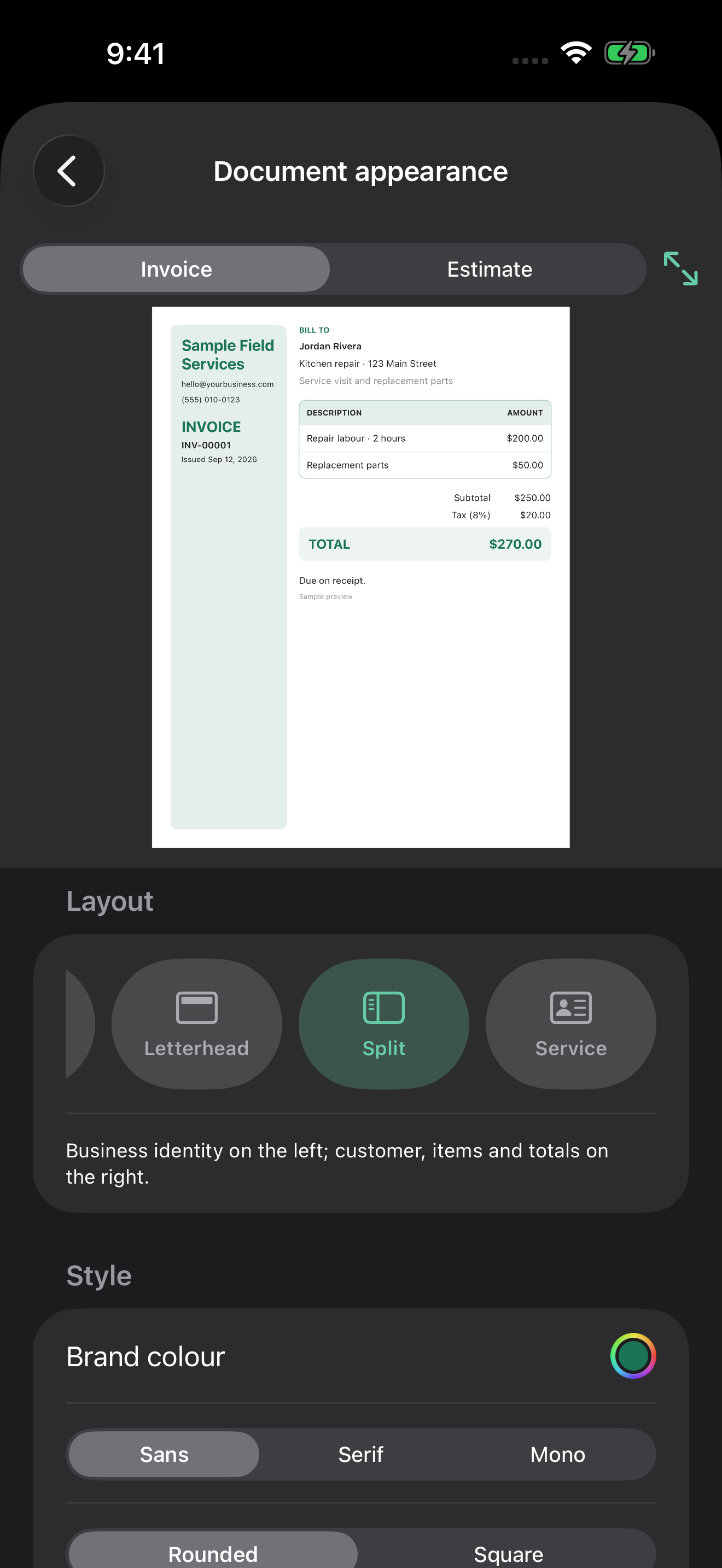 Dark-mode document appearance settings with a branded invoice preview