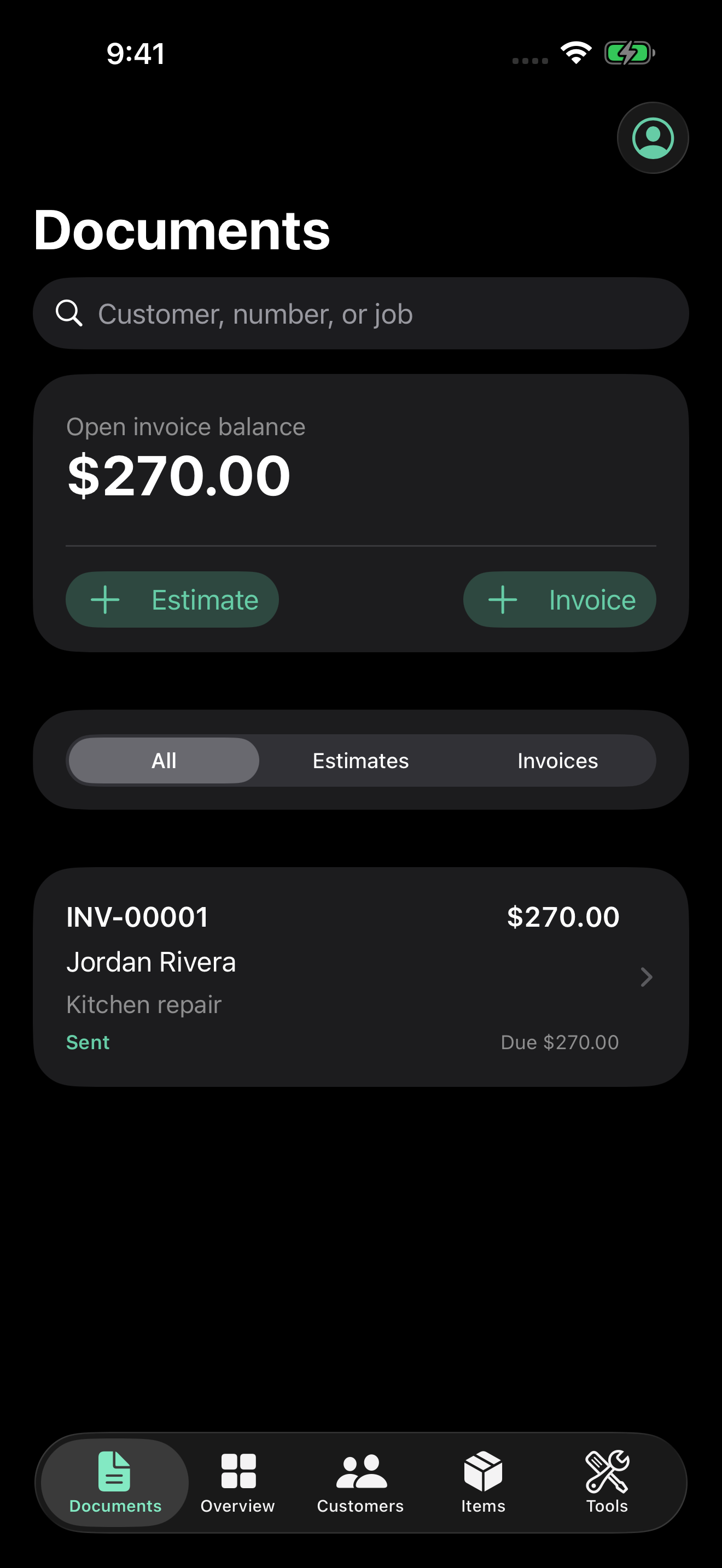 An invoice and its outstanding balance in the Velryq iPhone app