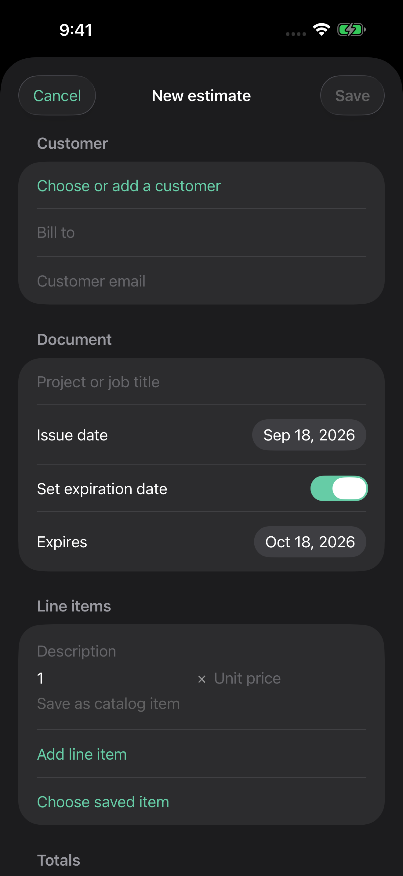 Creating a new estimate in the dark-mode Velryq iPhone app