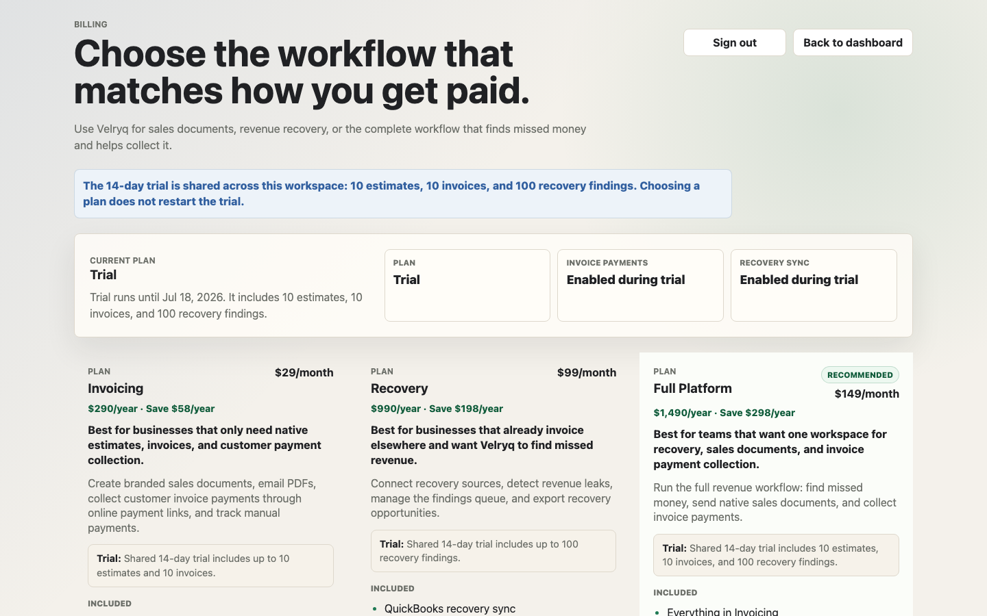 Velryq billing page showing trial status and plan options for invoicing, recovery, and full platform workflows.