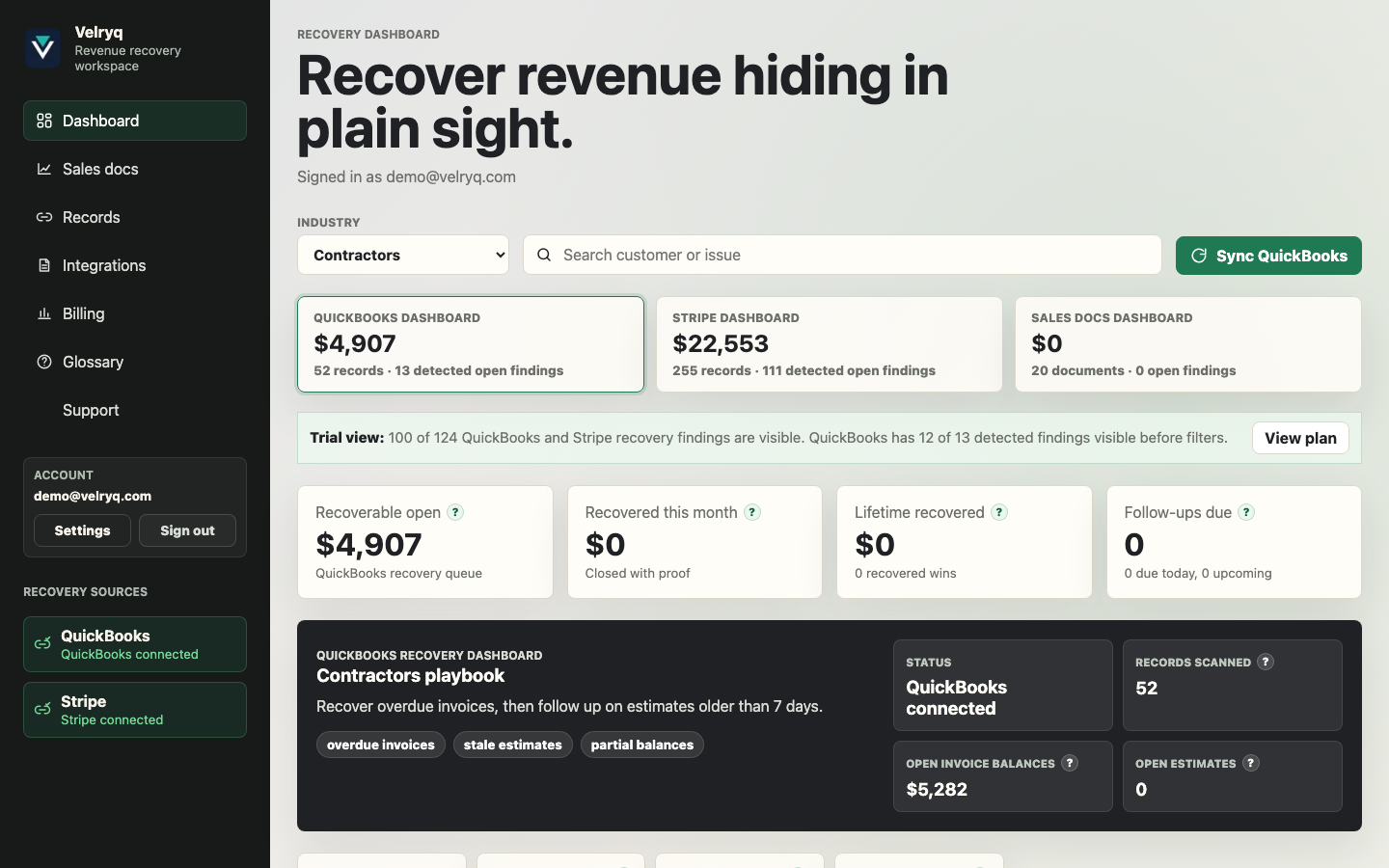 Velryq QuickBooks recovery dashboard showing recoverable revenue, open opportunities, confidence, and recommended actions.