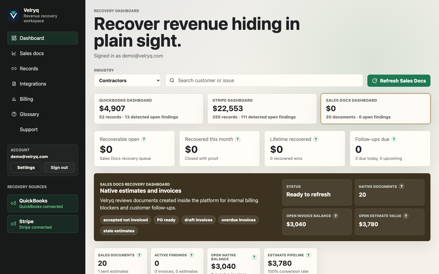 Velryq sales documents dashboard showing native estimate and invoice recovery opportunities.