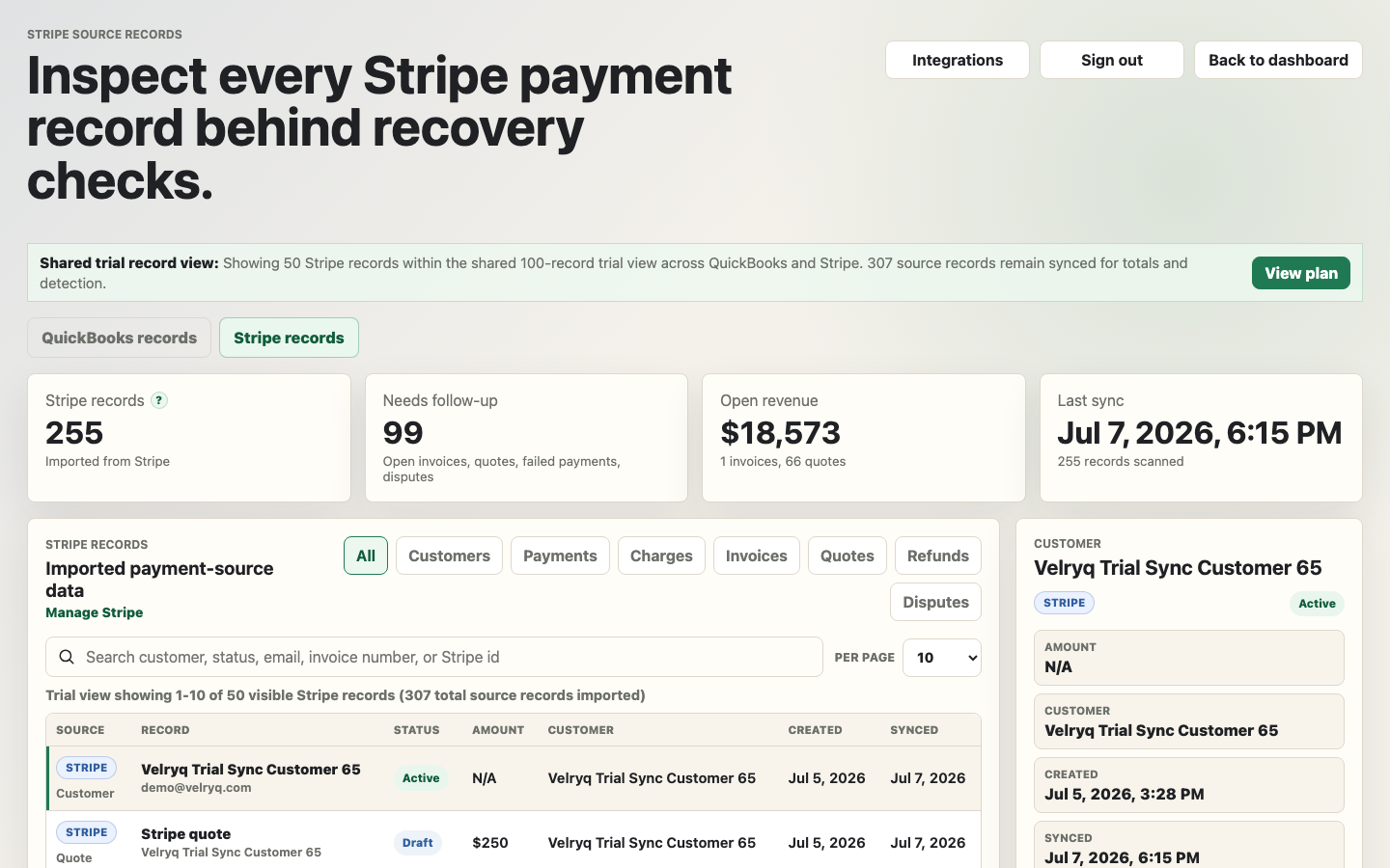 Velryq Stripe source records view showing payment activity, records, and customer detail.